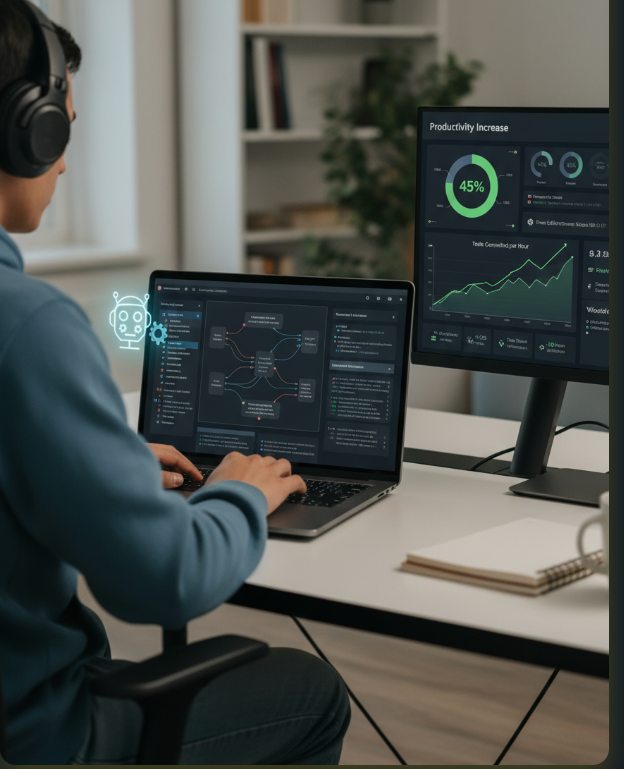 someone at a laptop working on an agentic AI workflow a second screen at the workstation shows graphs and dash-boards indicating increased productivity